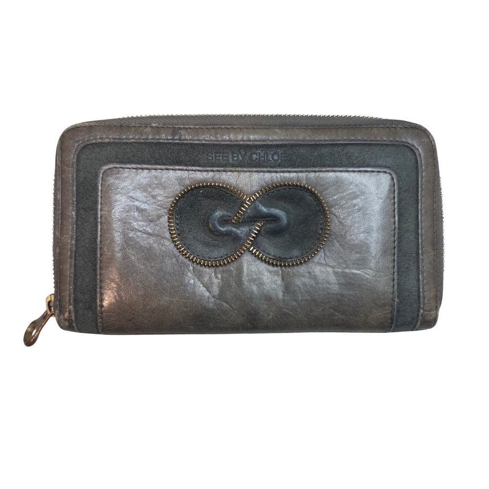 See by Chloe Gray Brown Leather Suede Zip Around Continental Wallet Zipper Trim